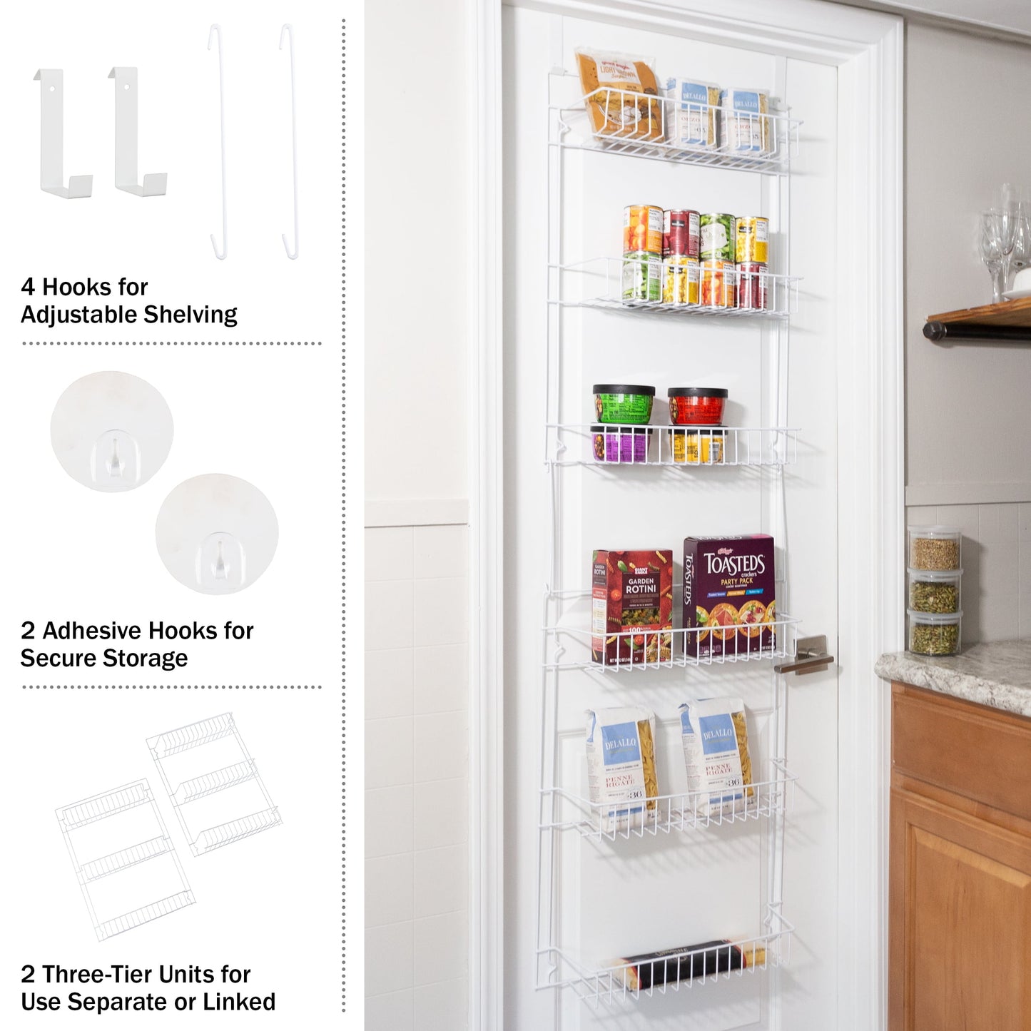 Lavish Home 6-Tier Adjustable Over the Door Pantry Organizer - Powder-Coated Steel Hanging Pantry Shelves and Rack for Kitchen Organization (White)