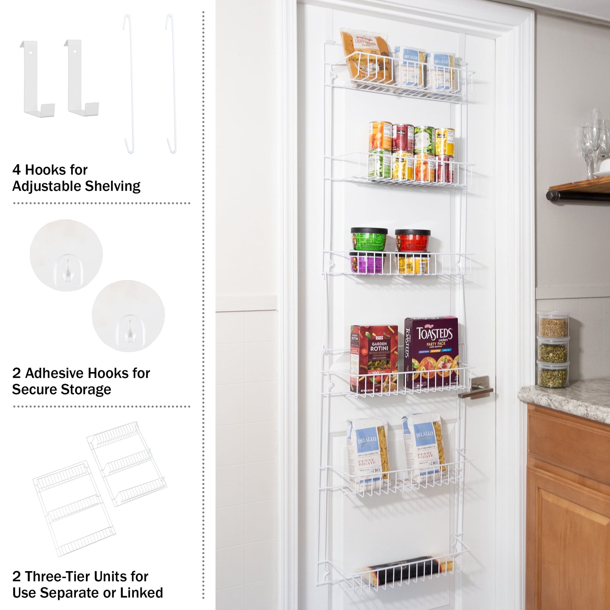 Lavish Home 6-Tier Adjustable Over the Door Pantry Organizer - Powder-Coated Steel Hanging Pantry Shelves and Rack for Kitchen Organization (White)