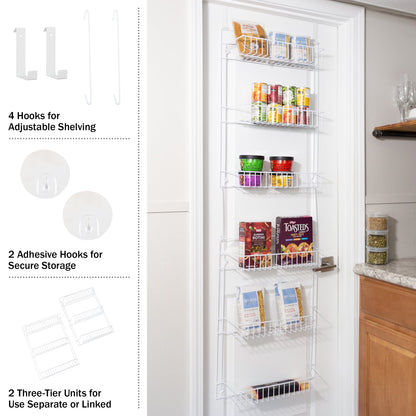 Lavish Home 6-Tier Adjustable Over the Door Pantry Organizer - Powder-Coated Steel Hanging Pantry Shelves and Rack for Kitchen Organization (White)