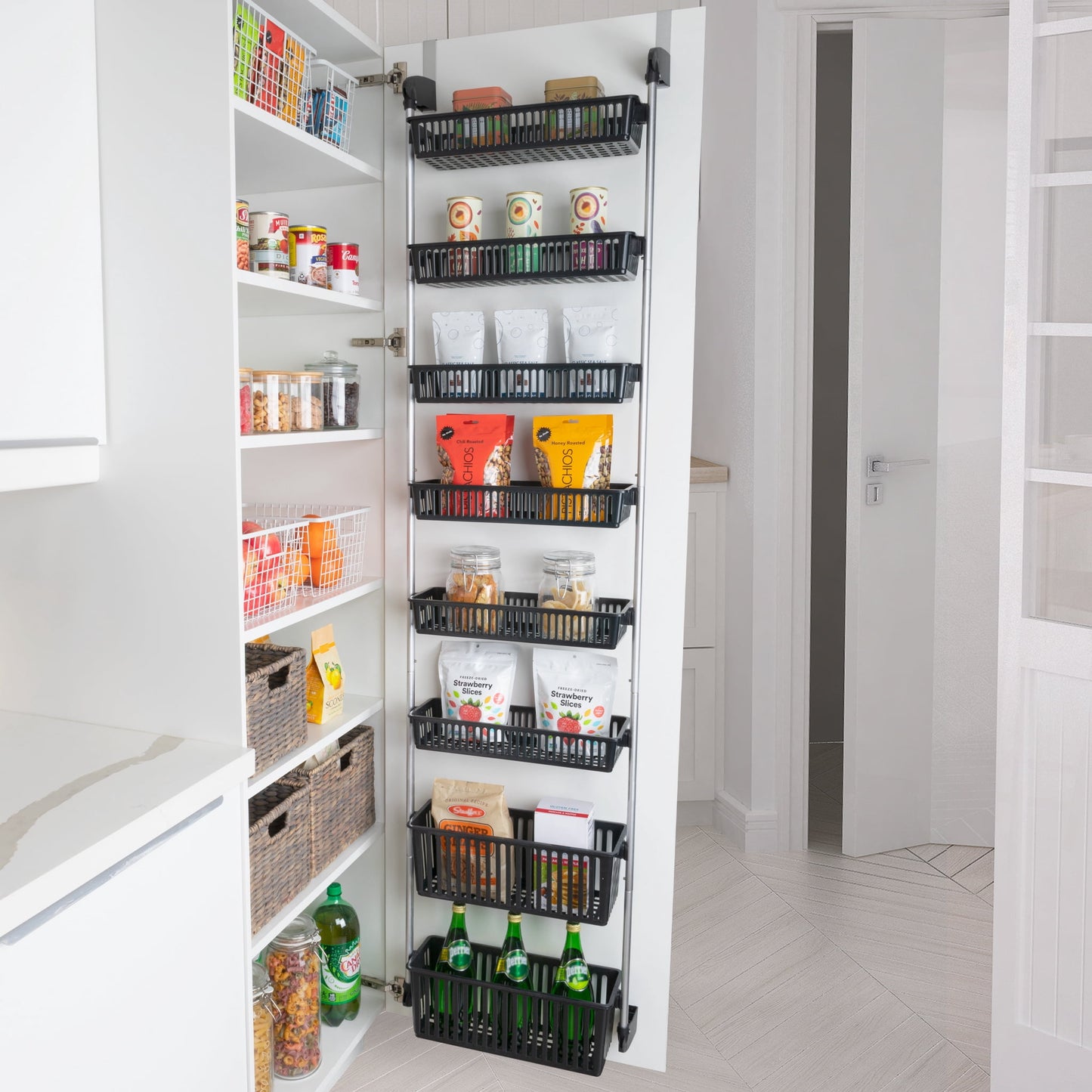 Smart Design 8-Tier Over-The-Door Hanging Pantry Organizer with 2 Deep and 6 Full Baskets - Black