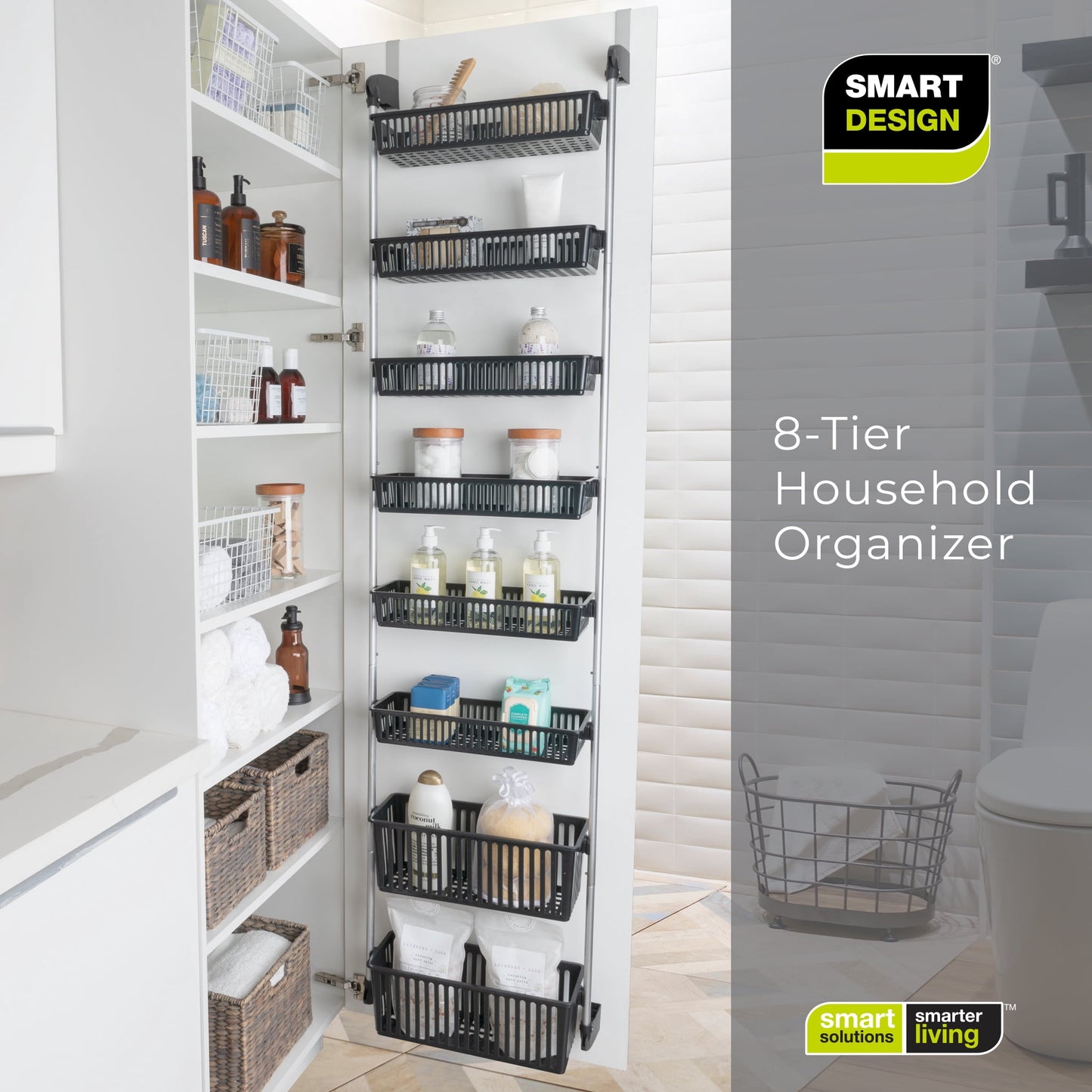 Smart Design 8-Tier Over-The-Door Hanging Pantry Organizer with 2 Deep and 6 Full Baskets - Black