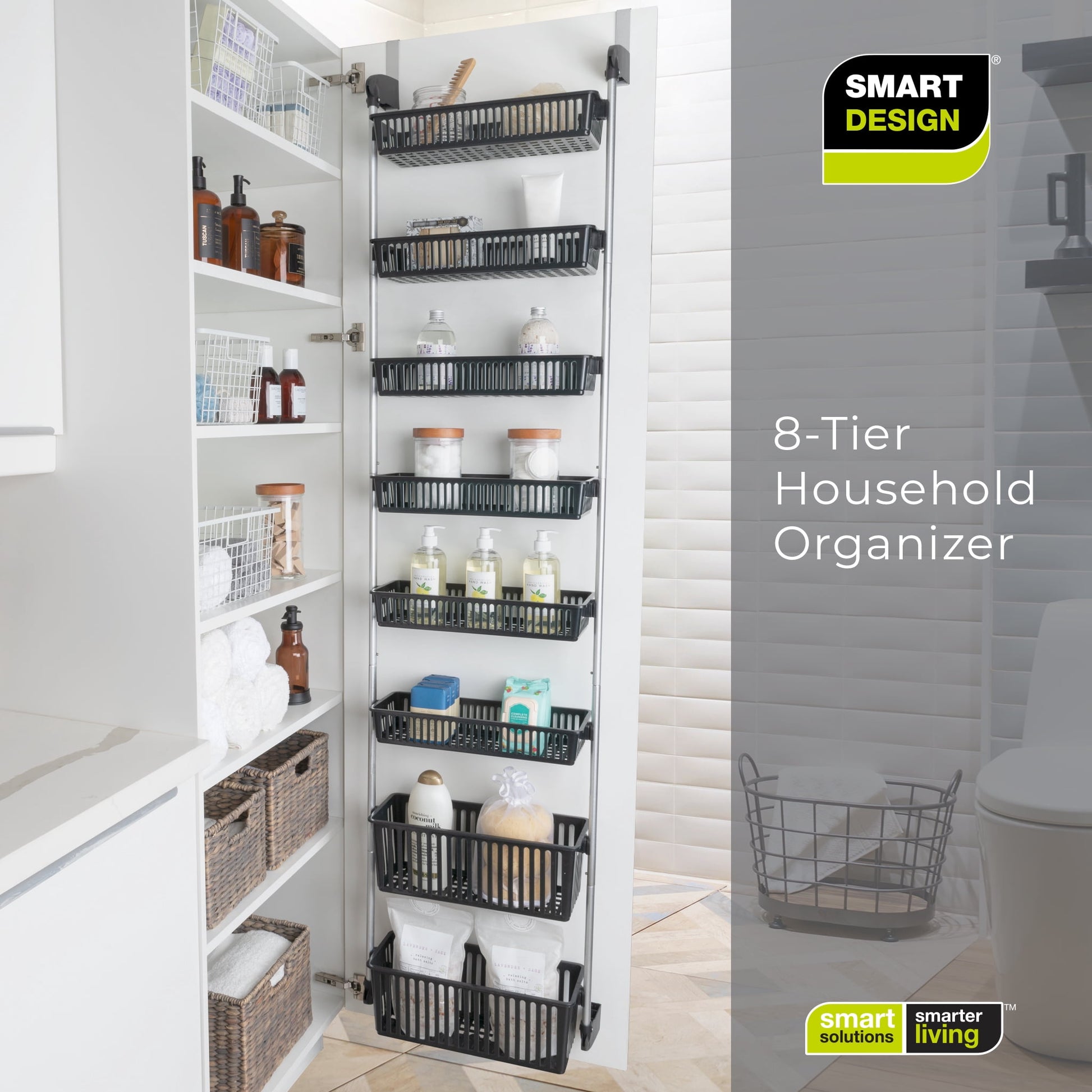 Smart Design 8-Tier Over-The-Door Hanging Pantry Organizer with 2 Deep and 6 Full Baskets - Black