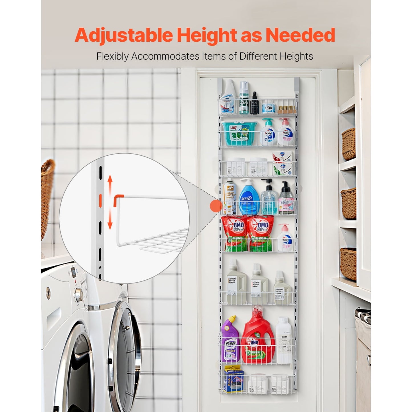 KFFKFF Door-Mounted Pantry Organizer, 8-Level Storage Solution, Robust Steel Constructed Spice Holder, Customizable Wall-Mounted Condiment Shelves, Suitable for Home Kitchen, Laundry Area, Bathroom