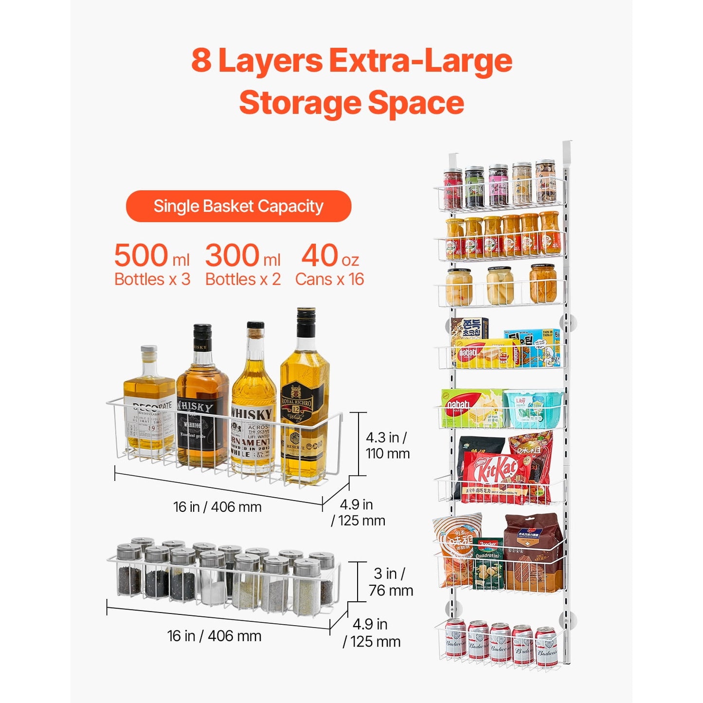KFFKFF Door-Mounted Pantry Organizer, 8-Level Storage Solution, Robust Steel Constructed Spice Holder, Customizable Wall-Mounted Condiment Shelves, Suitable for Home Kitchen, Laundry Area, Bathroom