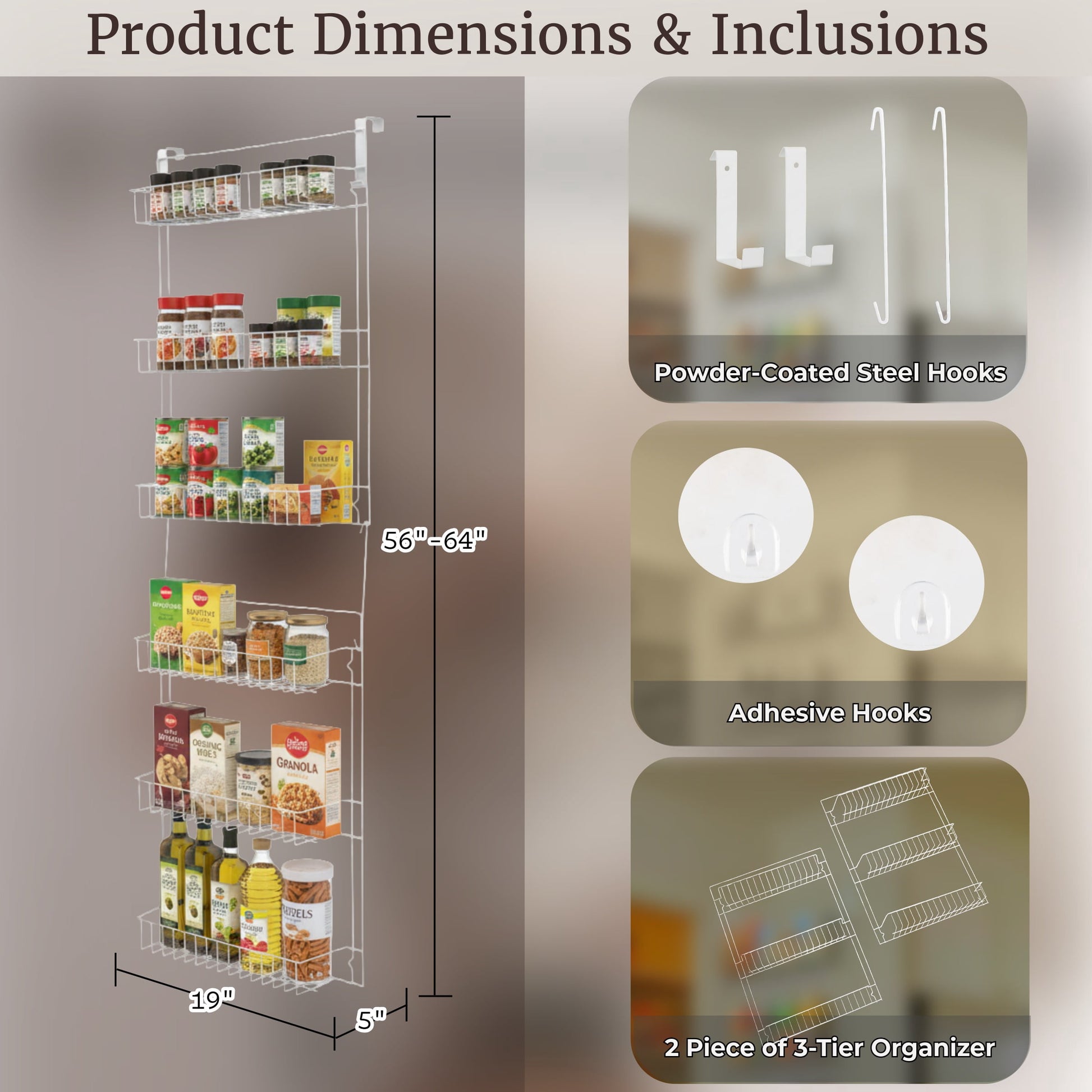 Lavish Home 6-Tier Adjustable Over the Door Pantry Organizer - Powder-Coated Steel Hanging Pantry Shelves and Rack for Kitchen Organization (White)