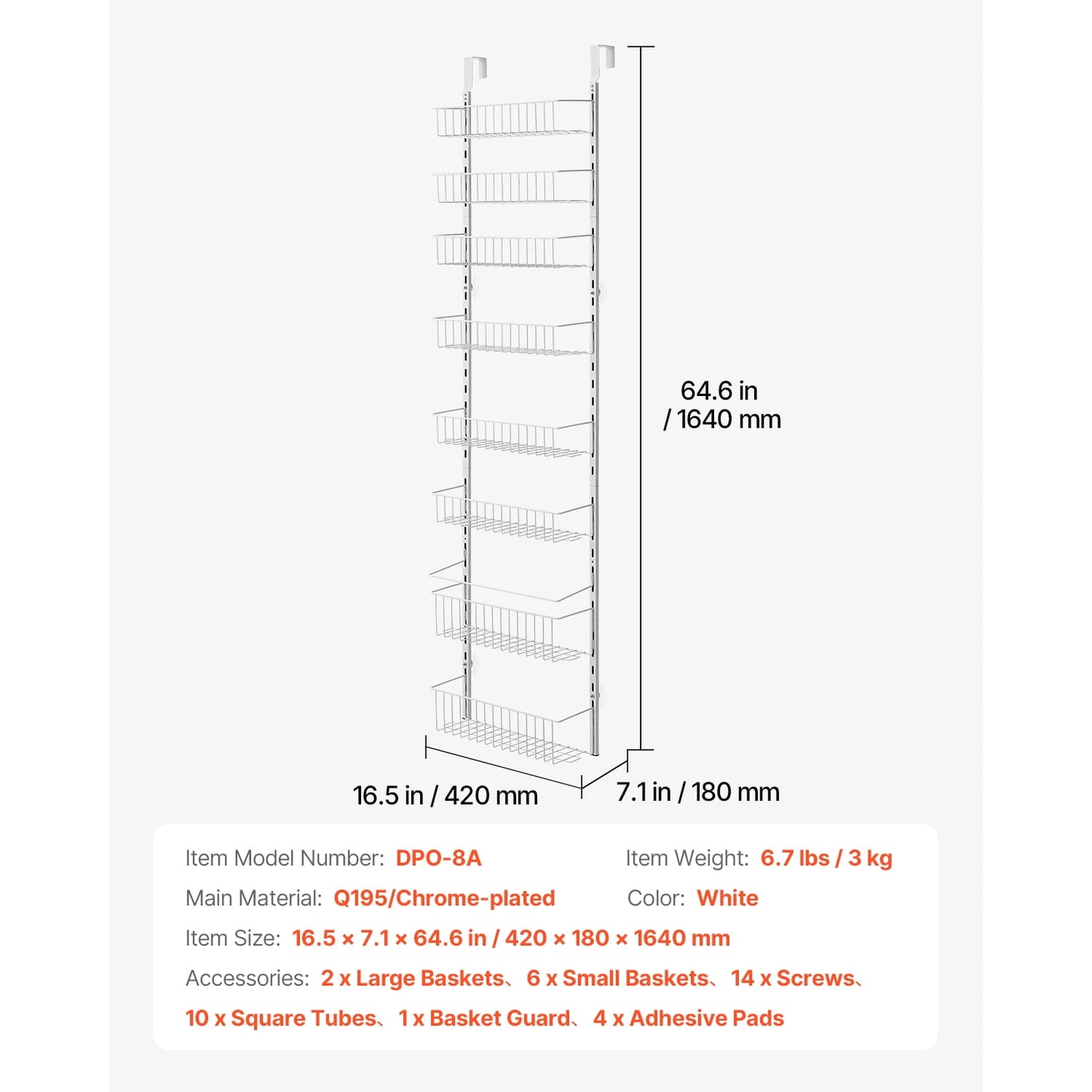 KFFKFF Door-Mounted Pantry Organizer, 8-Level Storage Solution, Robust Steel Constructed Spice Holder, Customizable Wall-Mounted Condiment Shelves, Suitable for Home Kitchen, Laundry Area, Bathroom
