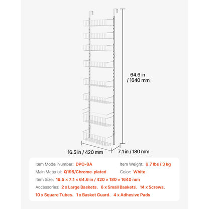 KFFKFF Door-Mounted Pantry Organizer, 8-Level Storage Solution, Robust Steel Constructed Spice Holder, Customizable Wall-Mounted Condiment Shelves, Suitable for Home Kitchen, Laundry Area, Bathroom